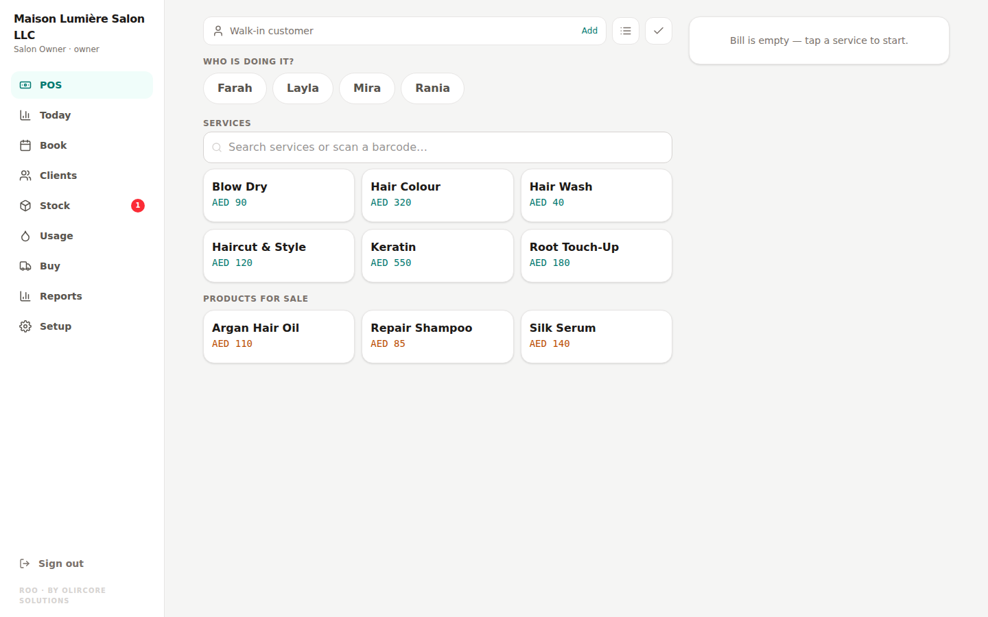 Roo SalonOS checkout screen ringing up a service for a walk-in customer
